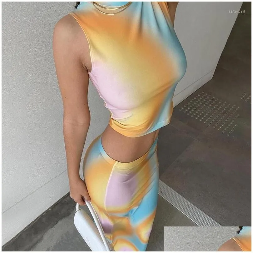 Work Dresses 2023 Summer Y2K Contrasting Colors Print Dress Sets Women Crop Tank Tops Long Skirt 2 Piece Set Party Outfits Co-Ord