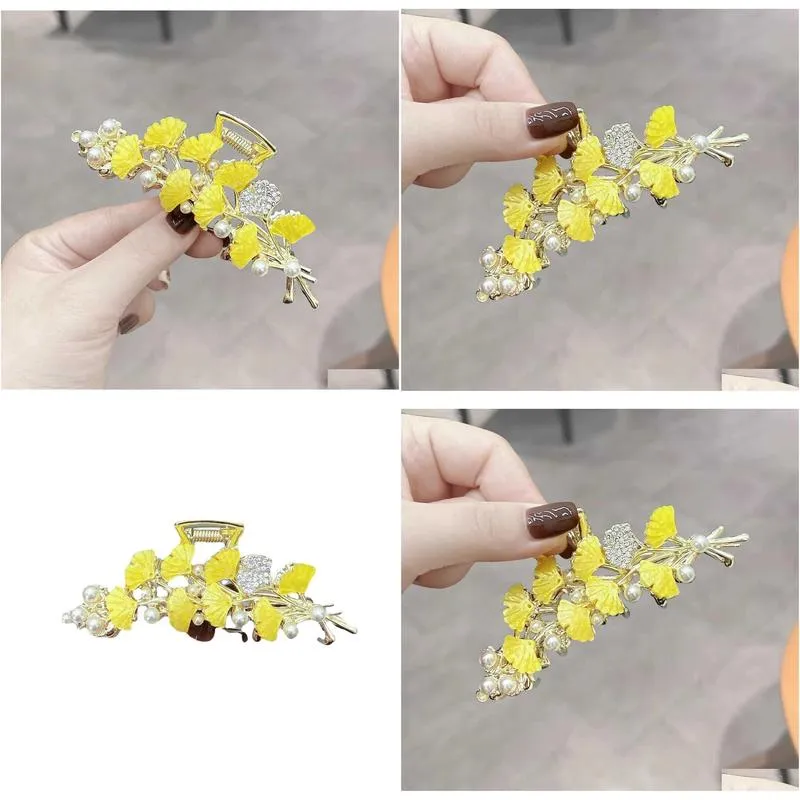 Hair Clips Antique Ginkgo Leaf Large Grab Clip Light and Elegant Pearl New Style Shark