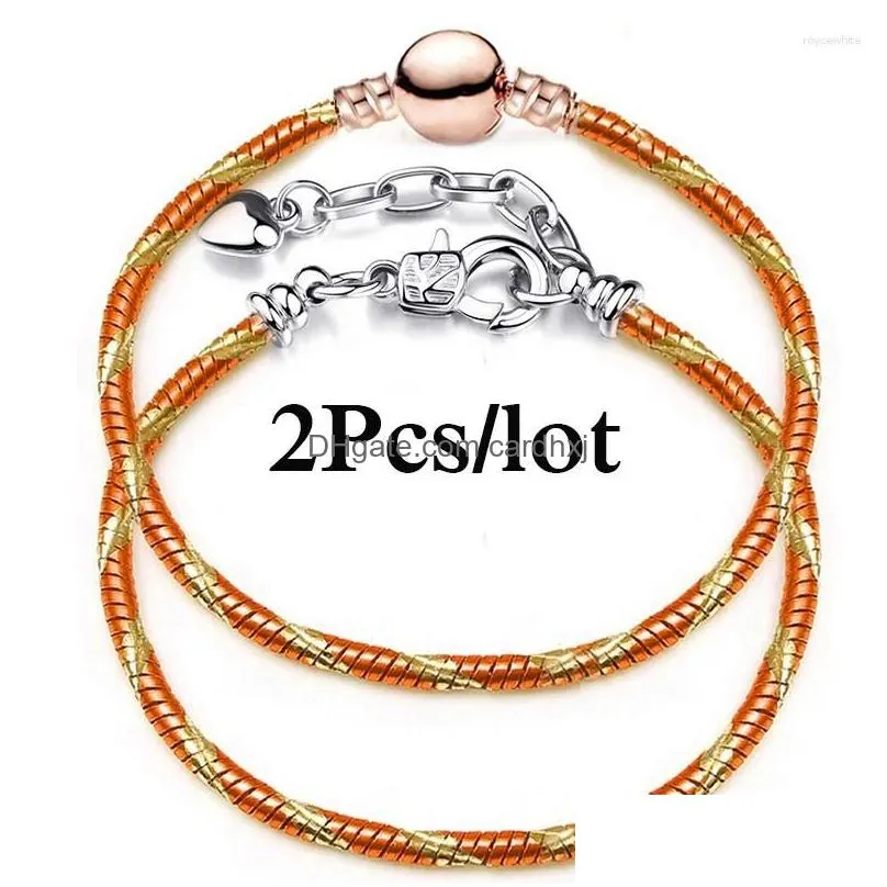 Charm Bracelets 2Pcs/Lot Fashion Orange M Chain Fit Diy Beads Bracelet Bangles Couple Psera Bijoux Jewelry For Women Men Drop Deliver Dhj5Z