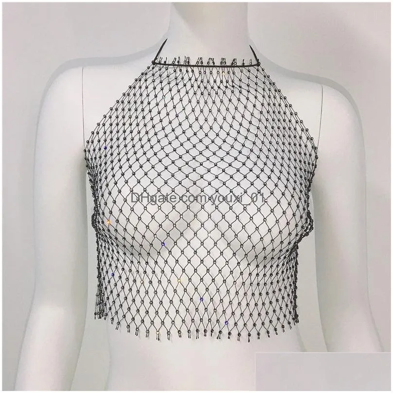 Women`S Tanks & Camis Womens Mesh Flash Drill Fishnet Hanging Neck Sling Y Hollowed Out Girl Female Drop Delivery Apparel Clothing Top Dhy9X