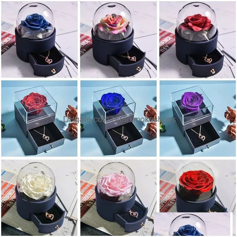 Other Event & Party Supplies Eternal Rose Jewelry Box Preserved Flower Ring Storage Case With Necklace Love Birthday Anniversary Gift Dhsxr