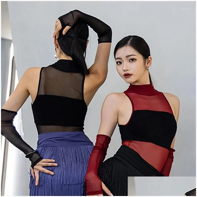 Stage Wear Sexy Mesh Latin Dance Bodysuit Sleeveless Dancing Tops Women Ballroom Top Adults Stgae Performance DWY9429