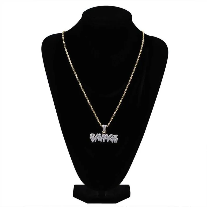 Pendant Necklaces Men Iced Out SAVAGE Letter Necklace Gold Silver Color Full Pave CZ Crystal Zirconia Hip Hop Gift For WomenPendant