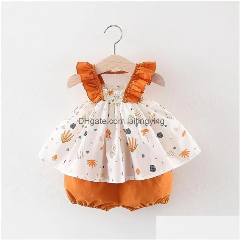 clothing sets summer baby girls suit printed sleeve suspender top solid color shorts cute casual holiday two-piece set