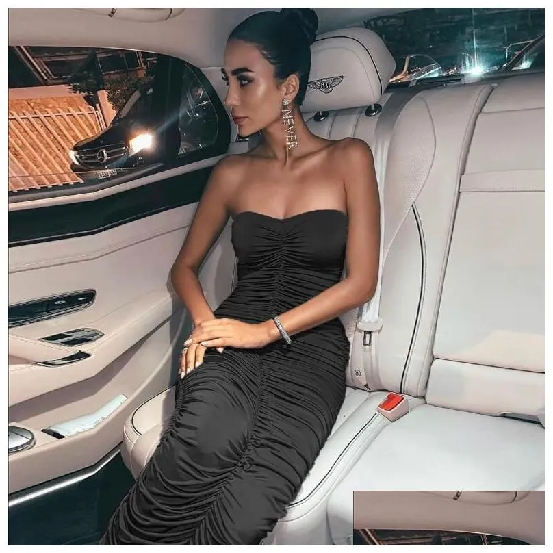 Summer Casual Dresses Women Sexy Off Shoulder Backless Ruched Bodycon Female Bandeau Strapless Summer Club Pleated Sheath
