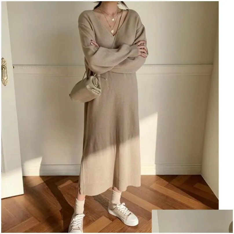 Winter Sweater Dress Women White V-neck Long Knitted Dress Lazy Oaf Korean Laides Casual Slit