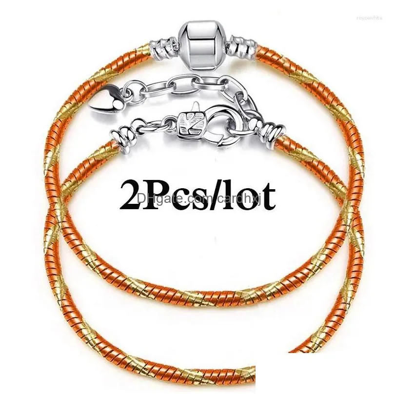 Charm Bracelets 2Pcs/Lot Fashion Orange M Chain Fit Diy Beads Bracelet Bangles Couple Psera Bijoux Jewelry For Women Men Drop Deliver Dhj5Z