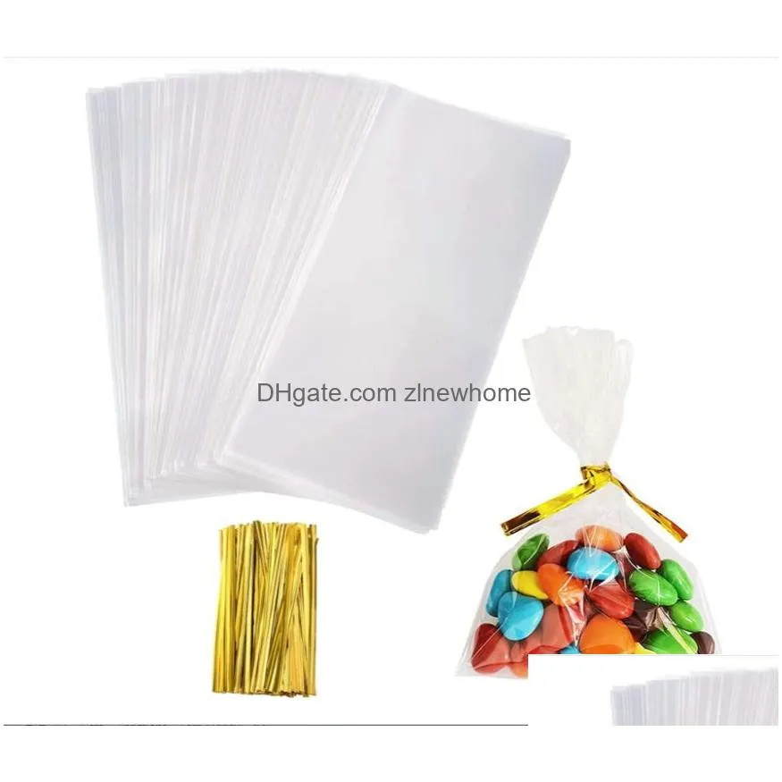 Gift Wrap Clear Cello Cellophane Treat Bags With Metallic Twist Ties Plastic For Bakery Candy Party Favor Candies Packaging Drop Deliv Dhmly