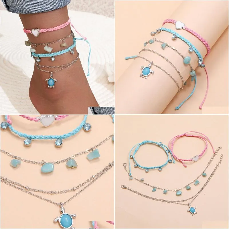 Hand woven Blue Pink Love Foot rope natural gravel turtle artificial crystal tassel foot chain 4-piece set