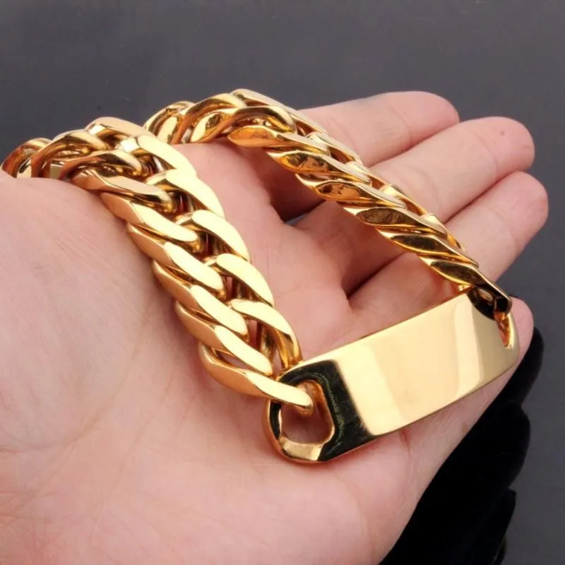 Link, Chain Fashion Stainless Steel Charming Gold Tone Smooth ID Cuban Link Bracelet Mens Boys Wristband Jewelry Xmas Gift