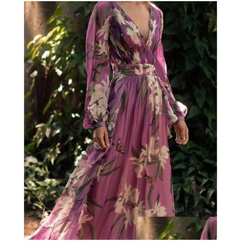 Spring Summer Women Dresses Fashion Bohemian Floral Printed V Neck Long Sleeve Casual Pleated Chiffon Dress