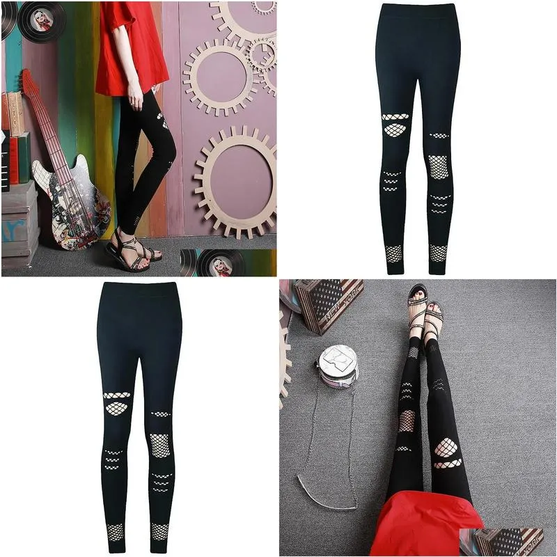 Summer Women`s Elastic Leggings High Waist Ripped Holes Fashionable Casual Black Stretch Pants 2021 In