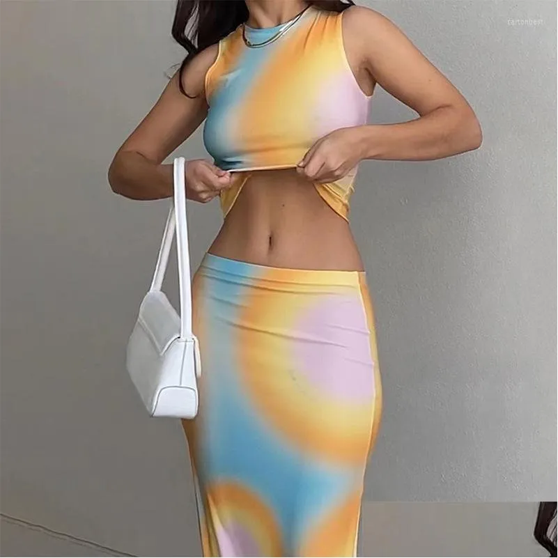 Work Dresses 2023 Summer Y2K Contrasting Colors Print Dress Sets Women Crop Tank Tops Long Skirt 2 Piece Set Party Outfits Co-Ord