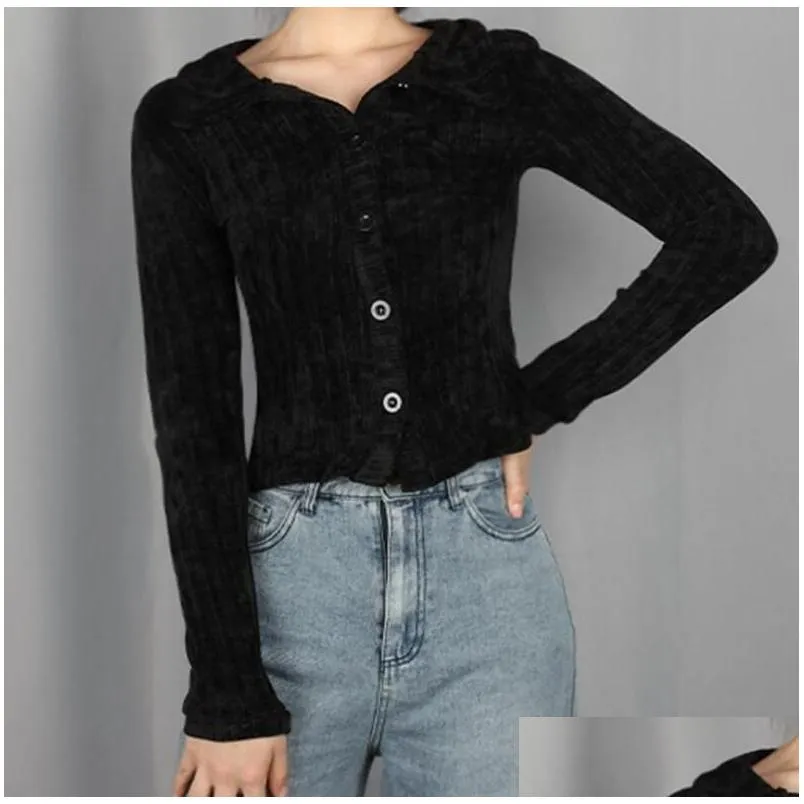 Women`s Knits Streetwear Gothic Punk Dark Black Sweater Women Long Sleeve Turn Down Collar Buttons Knitted Cardigan Female