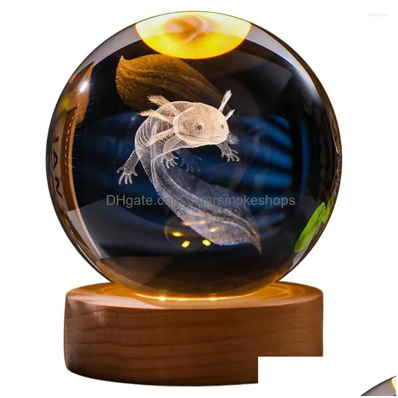 Decorative Objects & Figurines 3D Axolotl Crystal Ball Lamp With Wooden Base Colorf Light Creative Home Decoration Drop Delivery Garde Dhh9C