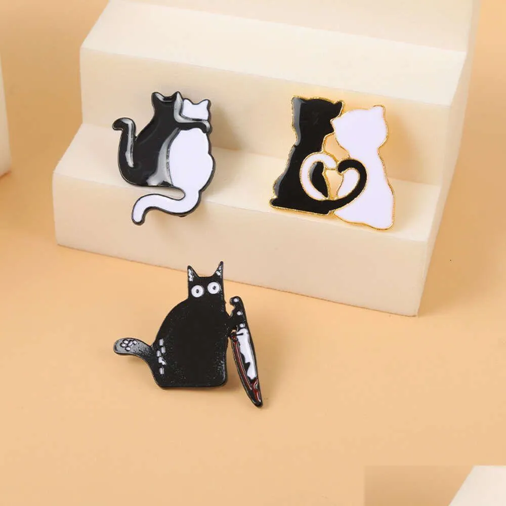 Cartoon Black White Cat Series Couple Brooches, Punk Style Animal Badges, Accessories, Clothes, Bags, and Buttons