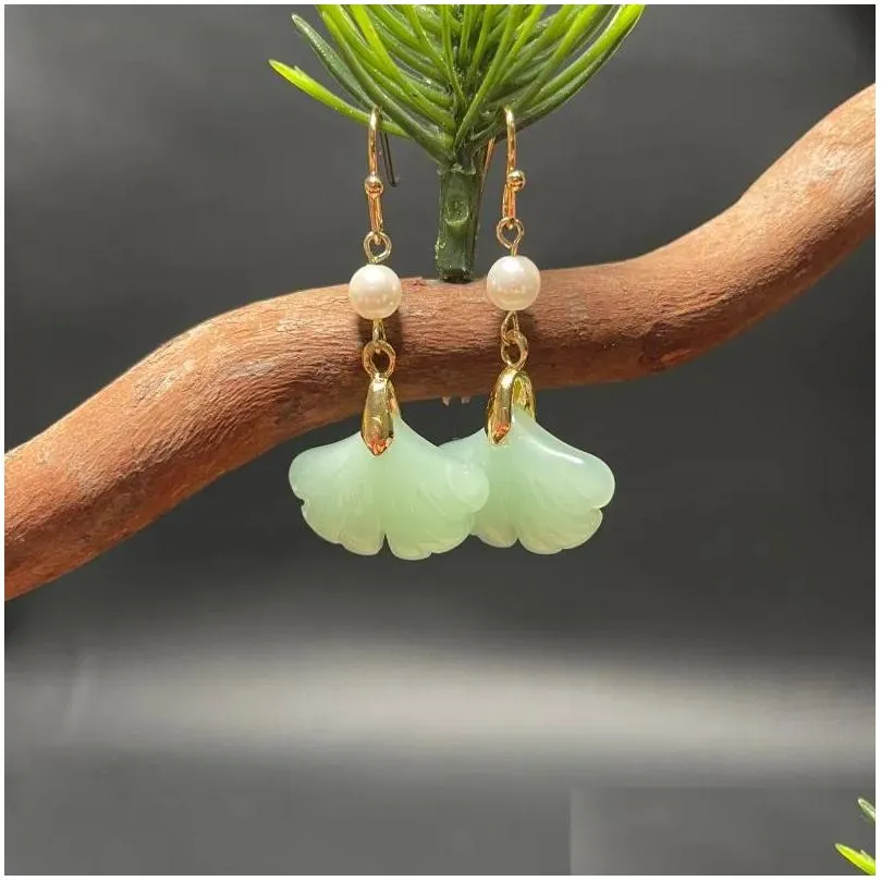 Dangle & Chandelier Crochet Jade Earrings For Women Handmade Ginkgo Leaf Eardrops Chinese Fanshion 2022 JewelryDangle