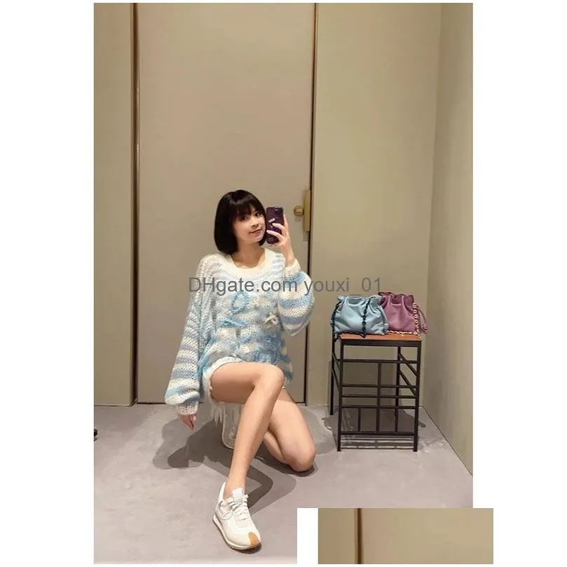 Women`S Knits & Tees 2023 Designer Knitwear Womens Top Early Fall Light Blue Mohair Striped Knit Plover Digirl Drop Delivery Apparel C Dhk0V
