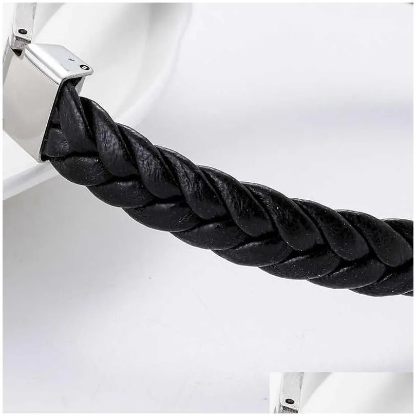 Stainless Steel Blank Id Tags Leather Bangles for Engrave Leather Braid Bracelet with Metal Plate Whole 10pcs Q0720218E
