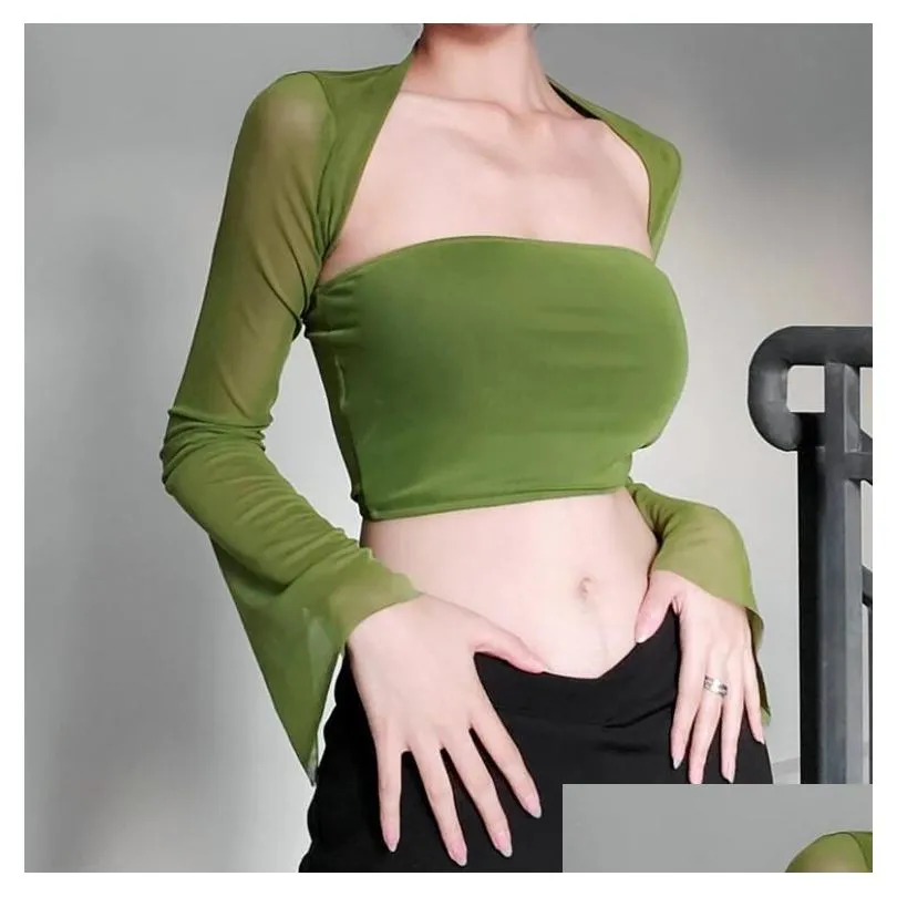 2023 Women`s T Shirts Sexy Women Crop Top Mesh Sleeve T-Shirt Tops Hollow Out Transparent Ladies Shirt Green Casual Tee