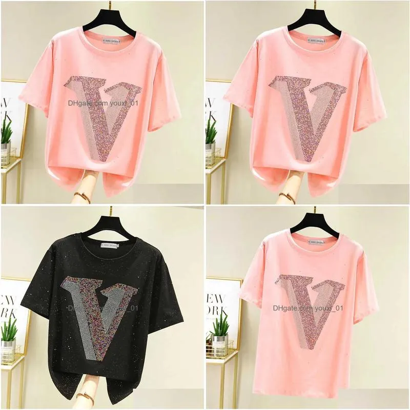 Women`S T-Shirt Womens T Shirt Women Short Sleeve Shiny Diamond Summer Tops Fashion Woman Clothes Tshirt Tee Femme Digirl Drop Deliver Dhasa