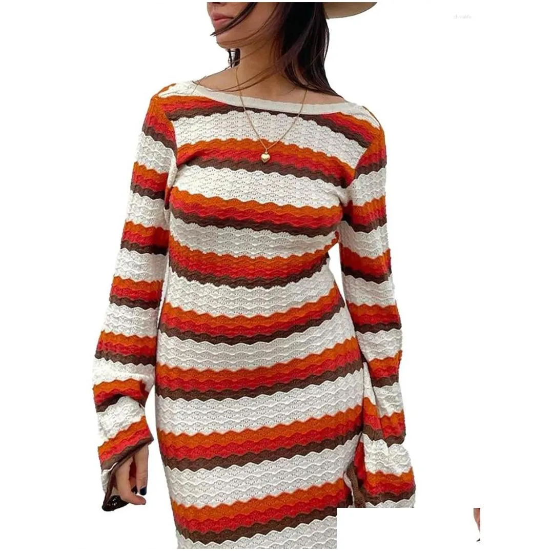 Casual Dresses Womens Long Sleeve Bodycon Dress Elegant Knitted Crew Neck Backless Striped Fall Winter Going Out