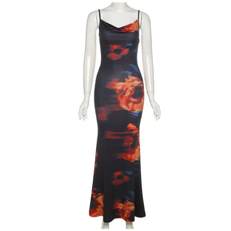 Casual Dresses Elegant Sexy Spaghetti Strap Long Bodycon Dress Floral Print Low-Cut Sleeveless Backless Party Club Sling Dress