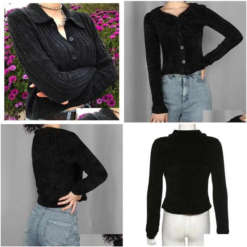 Women`s Knits Streetwear Gothic Punk Dark Black Sweater Women Long Sleeve Turn Down Collar Buttons Knitted Cardigan Female