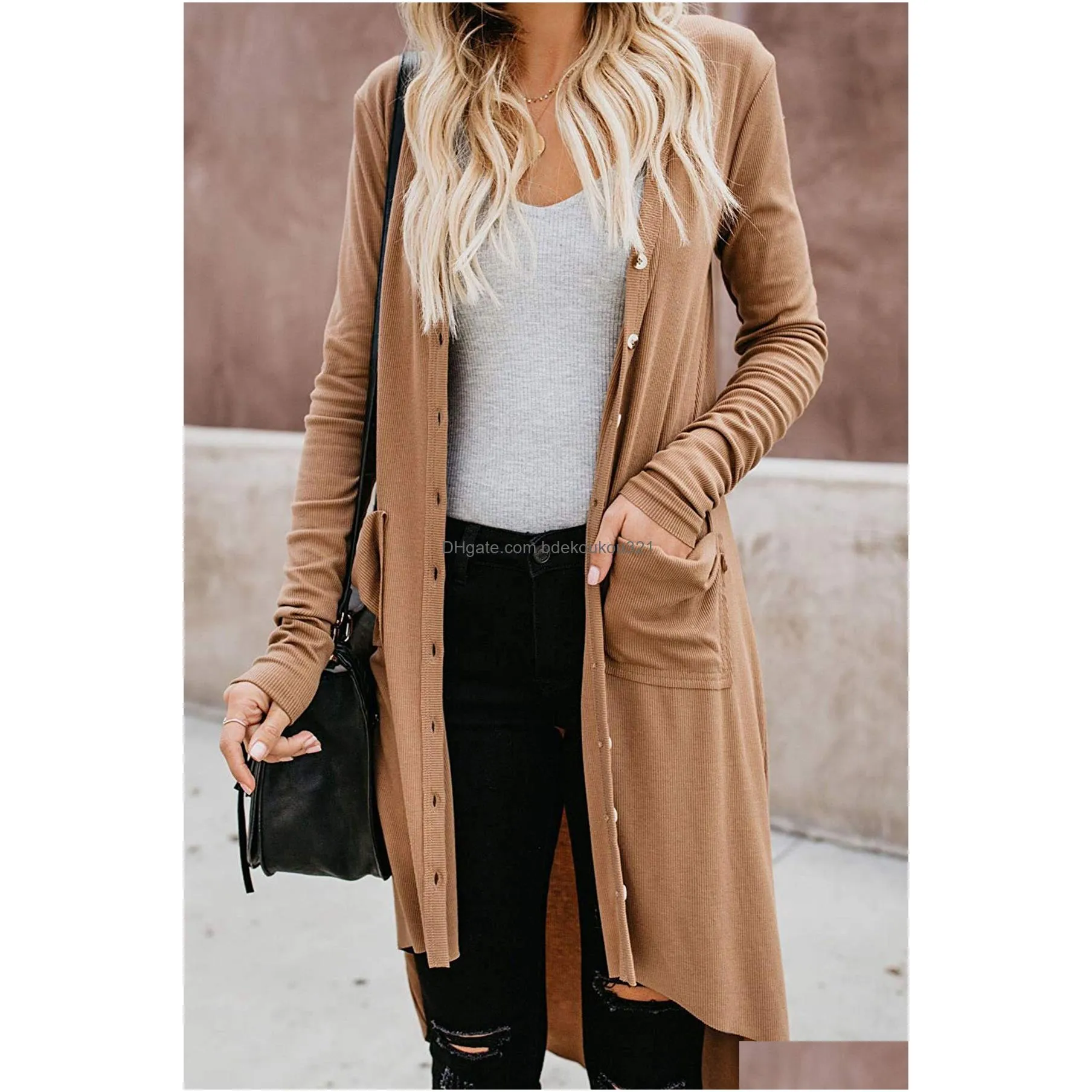 Women`S Sweaters Autumn Long Cardigan Womens Sleeve Solid Color Button Down Knit Ribbed Neckline Outerwear Sweater Female Clothing Dr Dhr7A