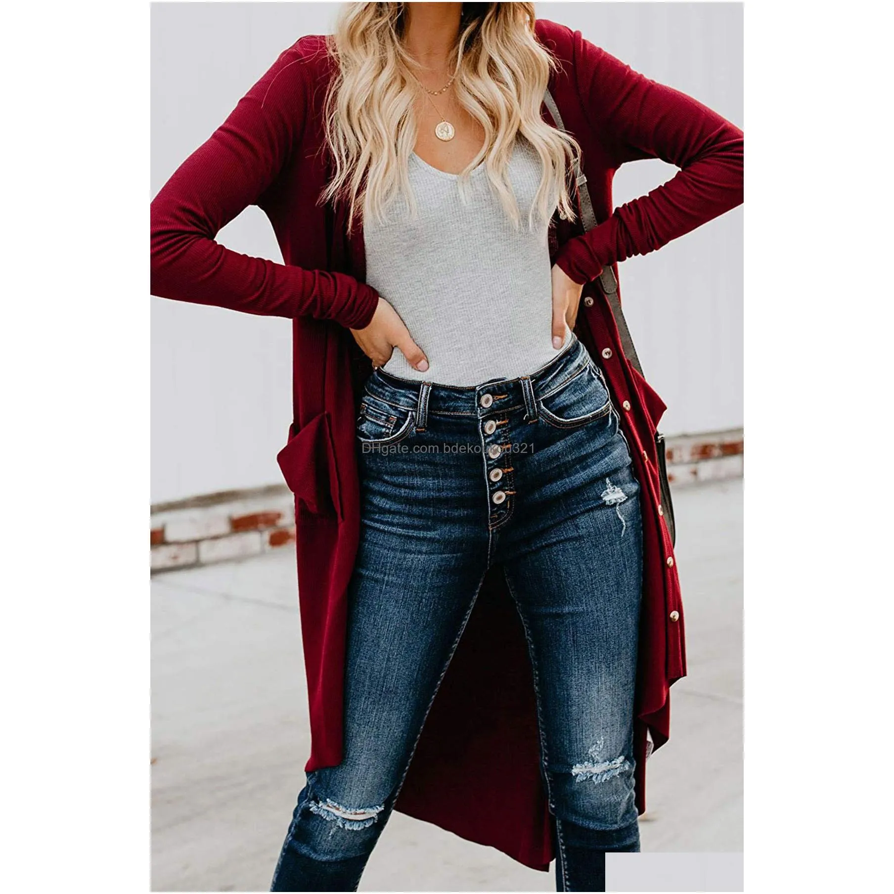 Women`S Sweaters Autumn Long Cardigan Womens Sleeve Solid Color Button Down Knit Ribbed Neckline Outerwear Sweater Female Clothing Dr Dhr7A