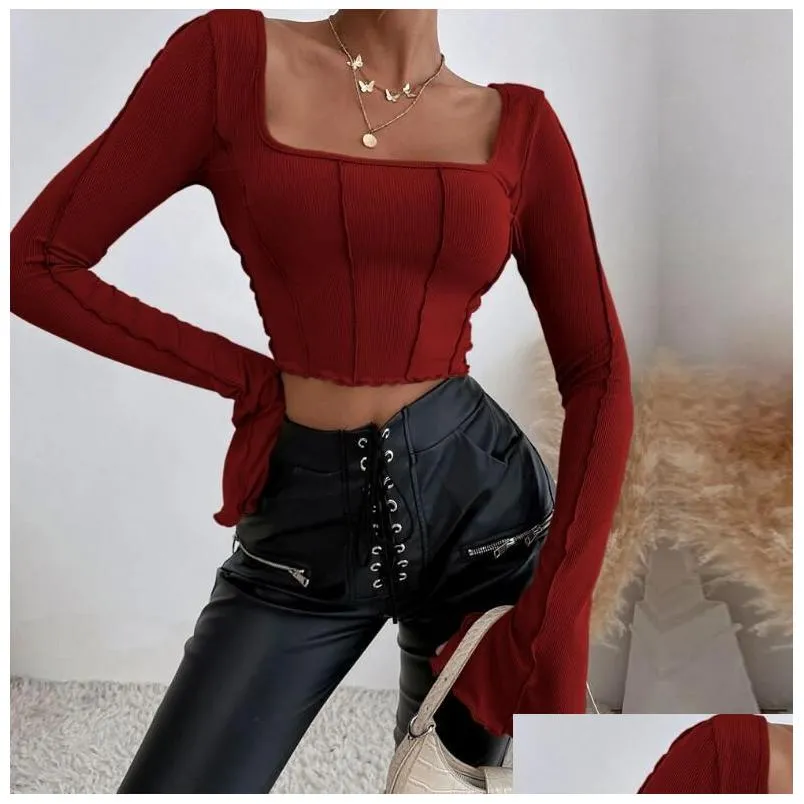 2023 New Women`s T Shirts Long Sleeve Knitted Women Black Backless Sexy Streetwear Tees Spring Autumn Basic Y2K Crop Top