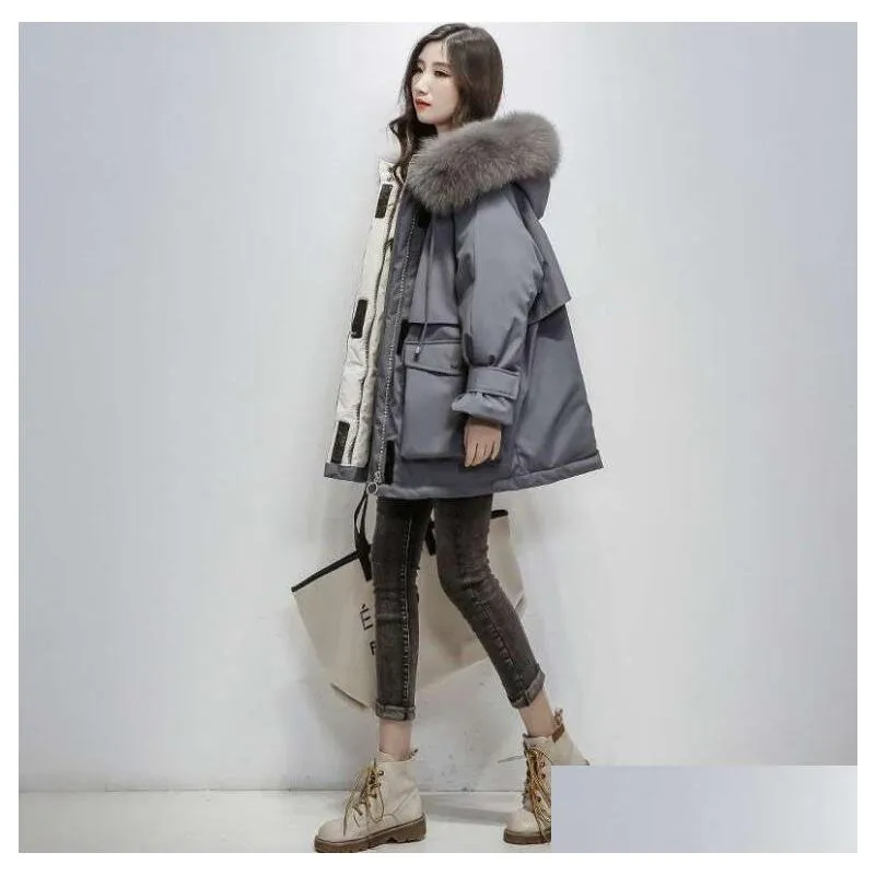 Women`s Down & Parkas Winter Women Korean Warm Cotton Jacket Big Fur Collar Hooded Padded Coats Elasted Waist Solid Mid-long Coat