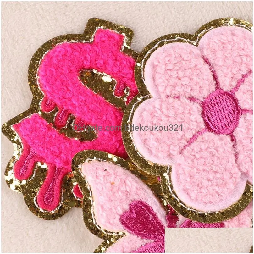 Sewing Notions & Tools Iron On Es Pink Face Butterfly Letter Cute Chenille Embroidered Decorative Appliques Sticker For Clothing Jean Dhz4X