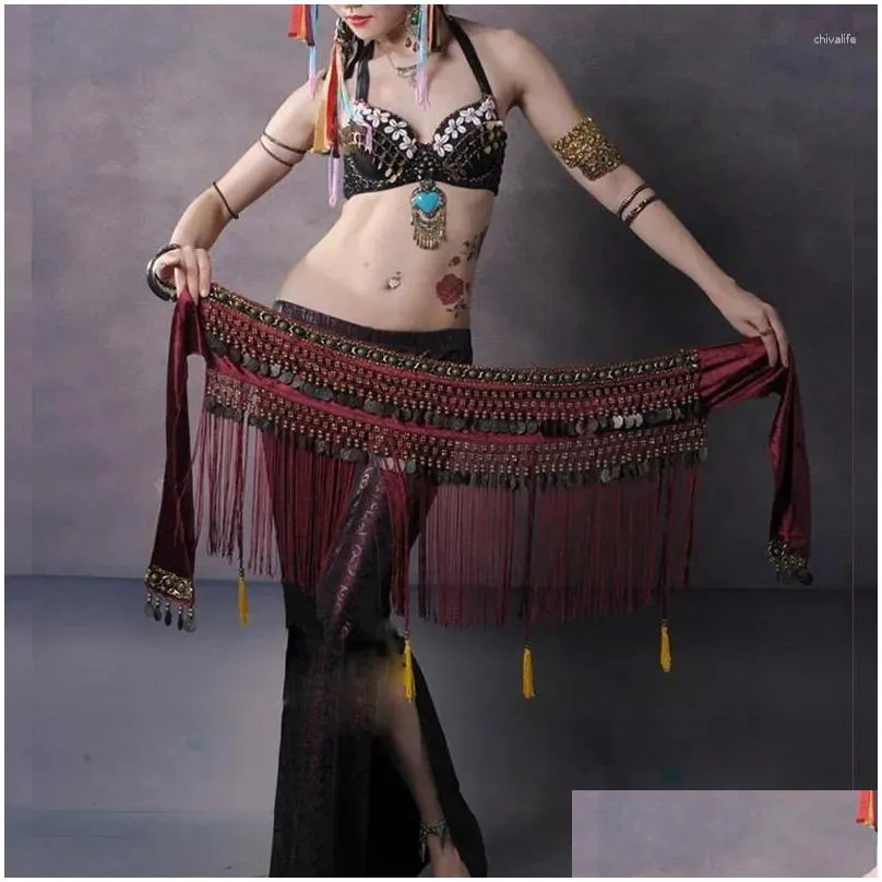 Stage Wear Belly Dance Hip Scarf Coin Belt Tribal Clothing Tassel Copper Waist Design Tapered