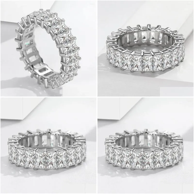 Cluster Rings Sterling Silver 925 Full Circle Rectangular Diamond Couple Ring Carbon Silicon Stone Large Pairing