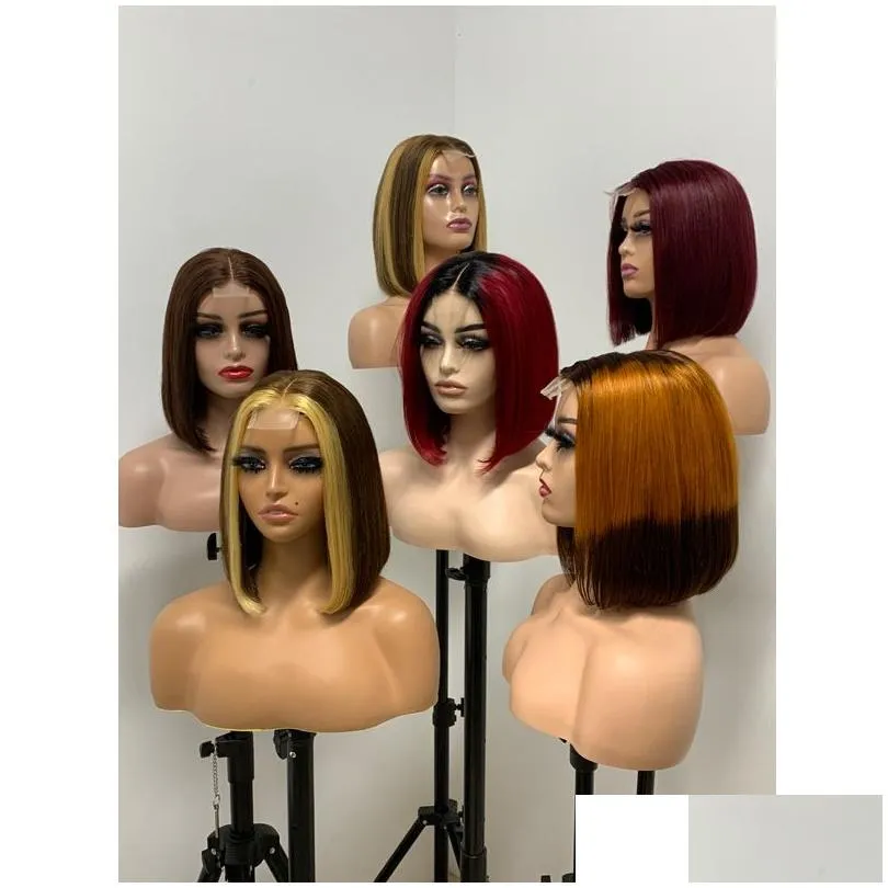 Indian Virgin Human Hair Silky Straight 2X6 Lace Bob Wig 99J T4/350/4 Wigs Natural Color 10-14inch 150% 180% Density Natural Color