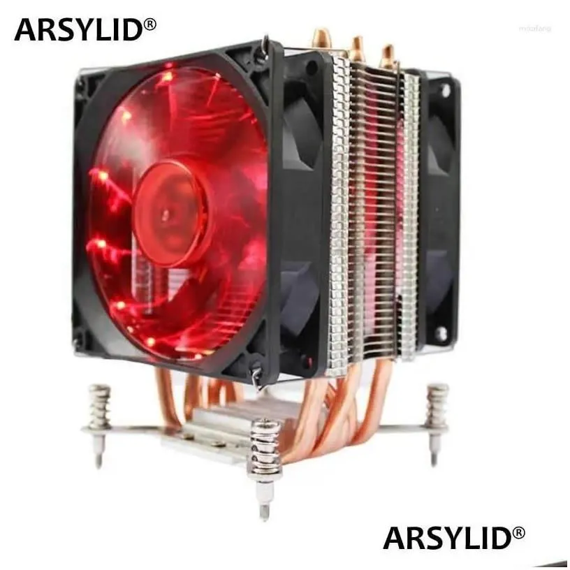 Fans Coolings Computer Arsylid Cpu Cooler 6 Heat Pipes Dual-Fan 9Cm 4Pin Pwm Fan Support Intel Lga115X 1366 2011 Tdp 130W Silent X79 X