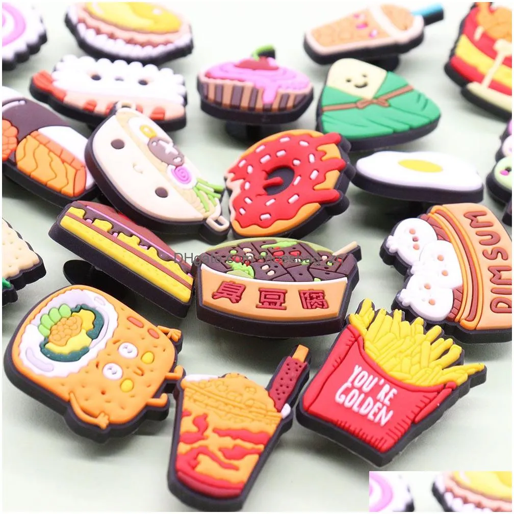MOQ 20Pcs PVC Cartoon Food Cake Donut Leopard Sushi Fried Chicken Stinky Tofu Shoe Charms Parts Accessories Buckle Clog Buttons Pins Wristband Bracelet