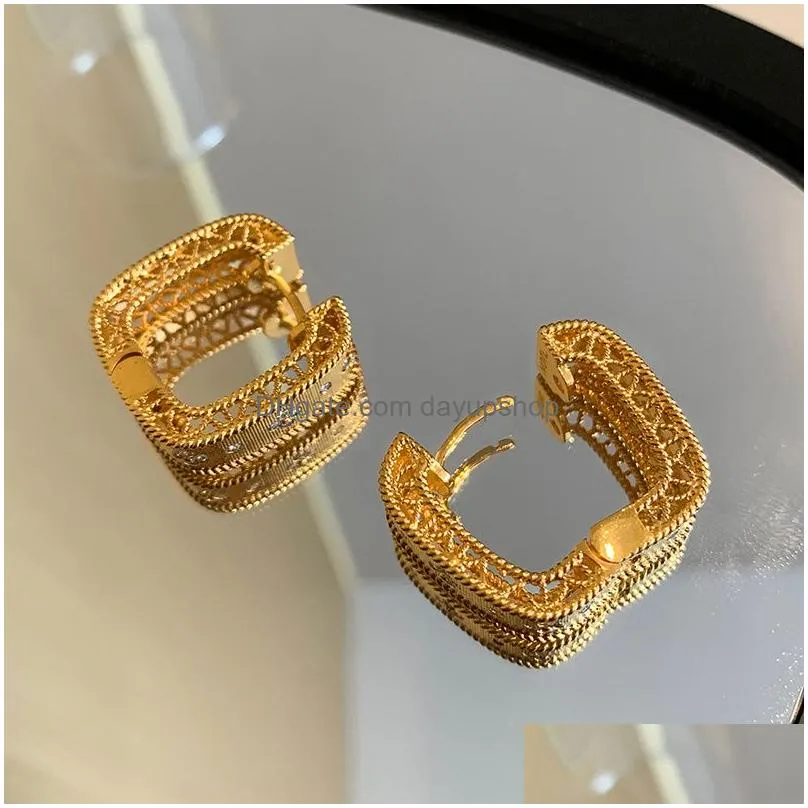 Stud French Vintage Heavy Industry Gold Square Brushed Earrings Wide Shining Gift Thick Boutique Jewelry Women Accessories Drop Deliv Dhpab