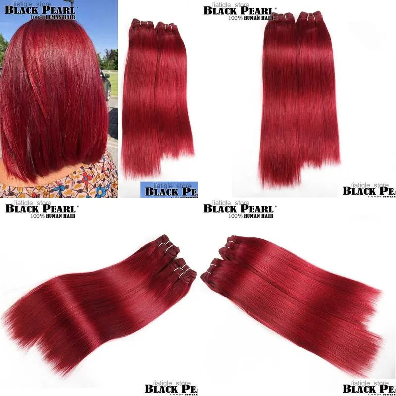 Synthetic Wigs Black Pearl Pre-colored Yaki Human Hair Bundles 4 Pcs One Pack 190 Gram Brazilian Straight Hair Weave Red Burg# Non-Remy Hair