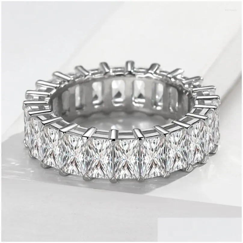 Cluster Rings Sterling Silver 925 Full Circle Rectangular Diamond Couple Ring Carbon Silicon Stone Large Pairing