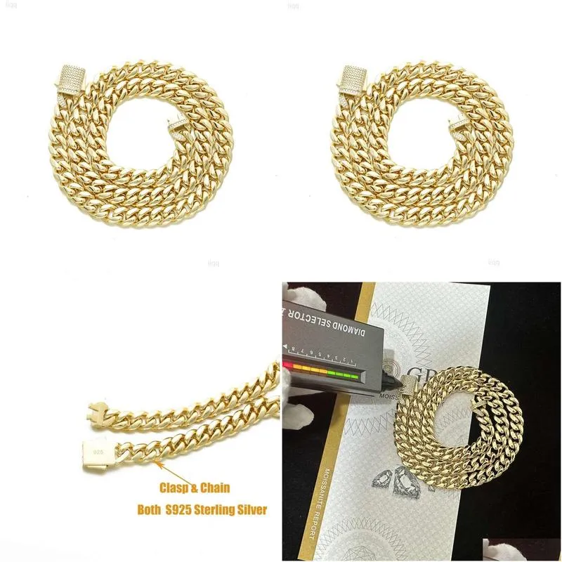 10mm 12mm Iced Out Vvs Moissanite S925 Sterling Silver  Cuban Link Chain 14k Plated Gold Men Hiphop Necklace