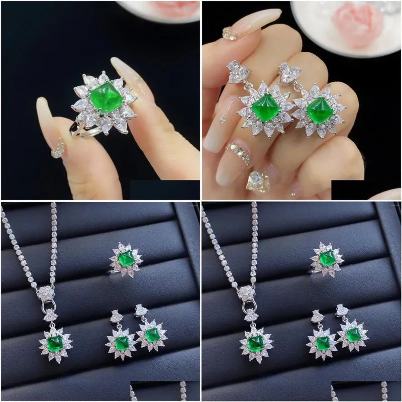 Chains Emerald Sugar Tower Back Cover Princess Full Diamond Open Ring Women`s Temperament Pendant Earrings Set