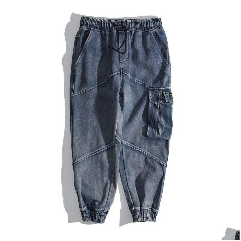 Japanese Fashion Men Jeans Loose Fit Black Gray Big Pocket Cargo Pants Vintage Designer Streetwear Hip Hop Jeans Men Joggers279Y