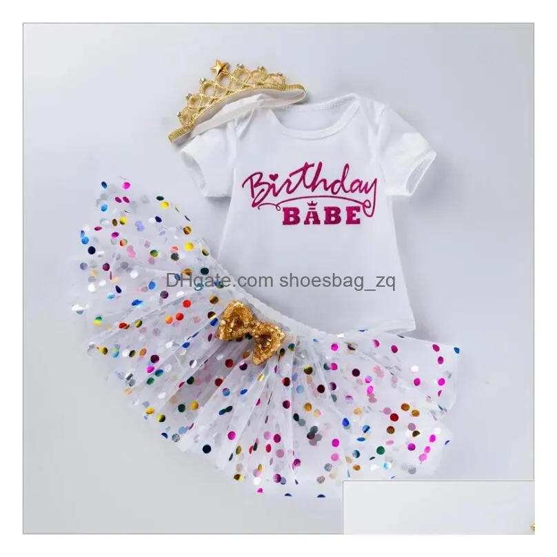 New Baby Girl Set 3pcs Letter Print Romper Top Dotted Tutu Skirt and Crown Headband Clothes Outfit for First Birthday6564502