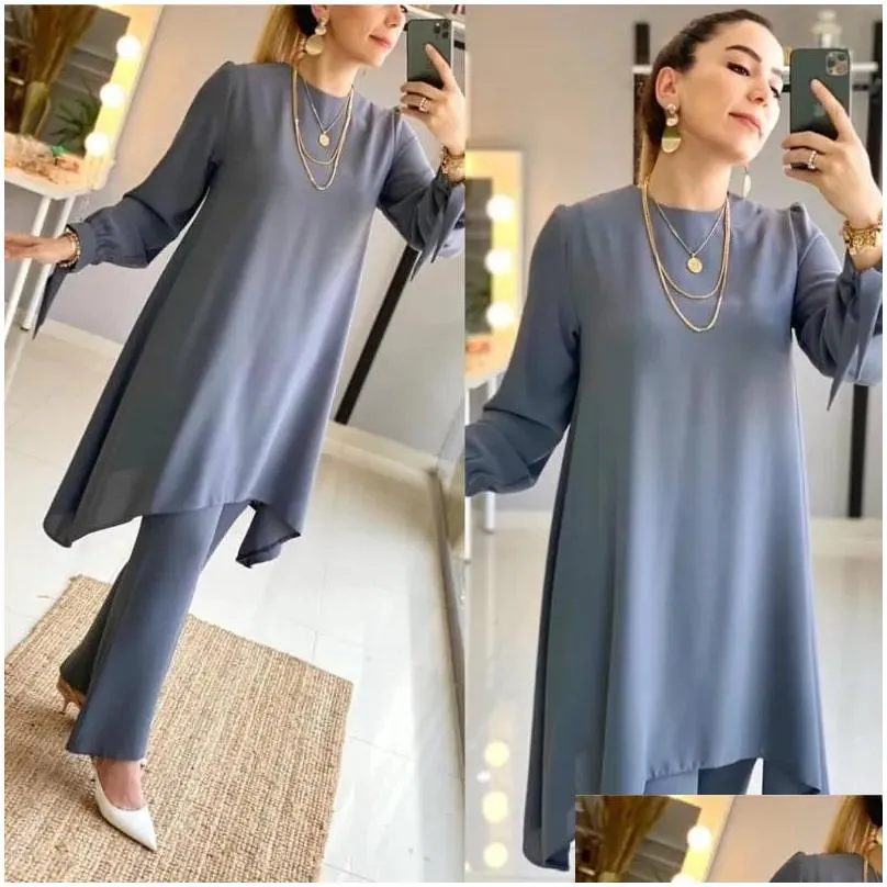 Ethnic Clothing Muslim Women Long Tops Islamic Sets Blue Grey Pants Abayas Dubai 2021 Turkey Outfit Ramadan Prayer Clothes 2 Drop Del Dh2Bt