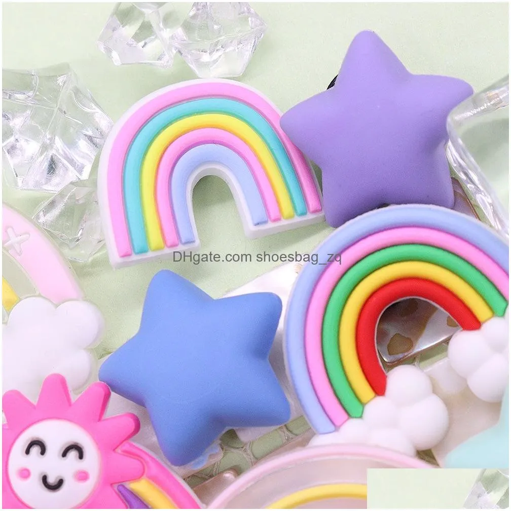 Wholesale 100Pcs PVC Colorful Rainbow Star Cloud Heart Sun Shoe Charms Girls Woman Buckle Decorations For Backpack Button Clog
