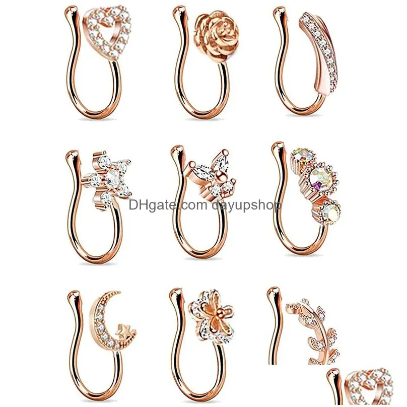 Nose Rings & Studs 9Pcs/Set Crystal Butterfly Fake Ring Non Piercing Clip On Indianstyle Heart Cuff Nariz Jewelry 220224 Drop Deliver Dhz3D