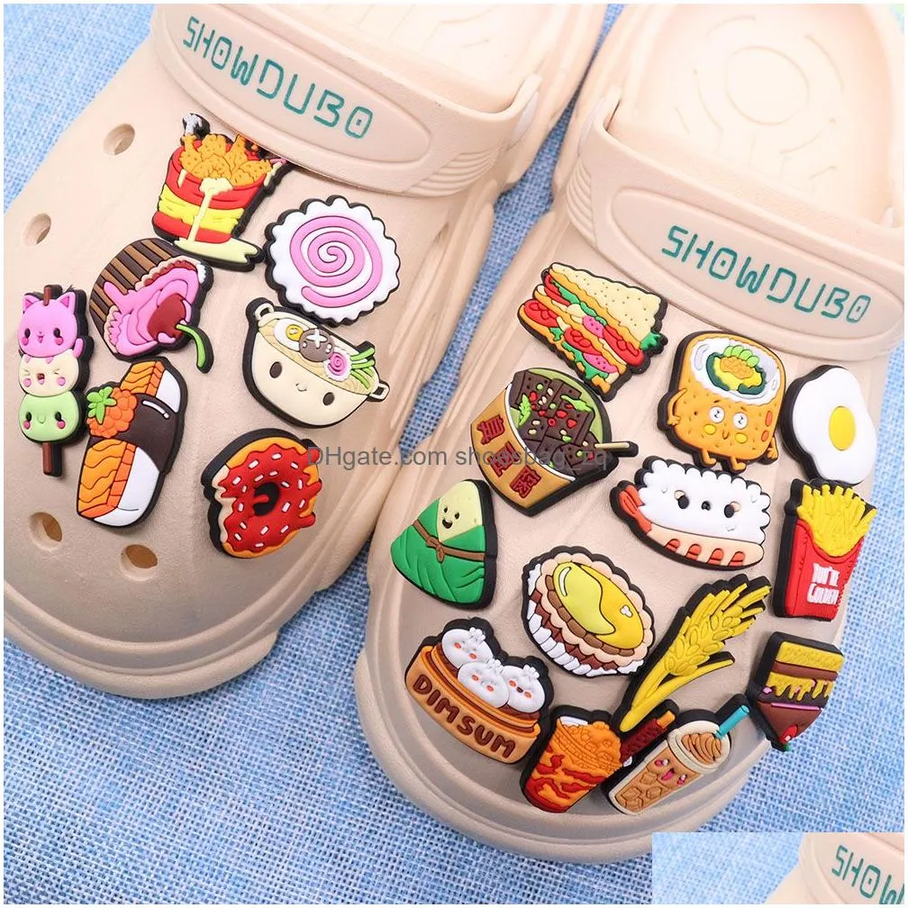 MOQ 20Pcs PVC Cartoon Food Cake Donut Leopard Sushi Fried Chicken Stinky Tofu Shoe Charms Parts Accessories Buckle Clog Buttons Pins Wristband Bracelet