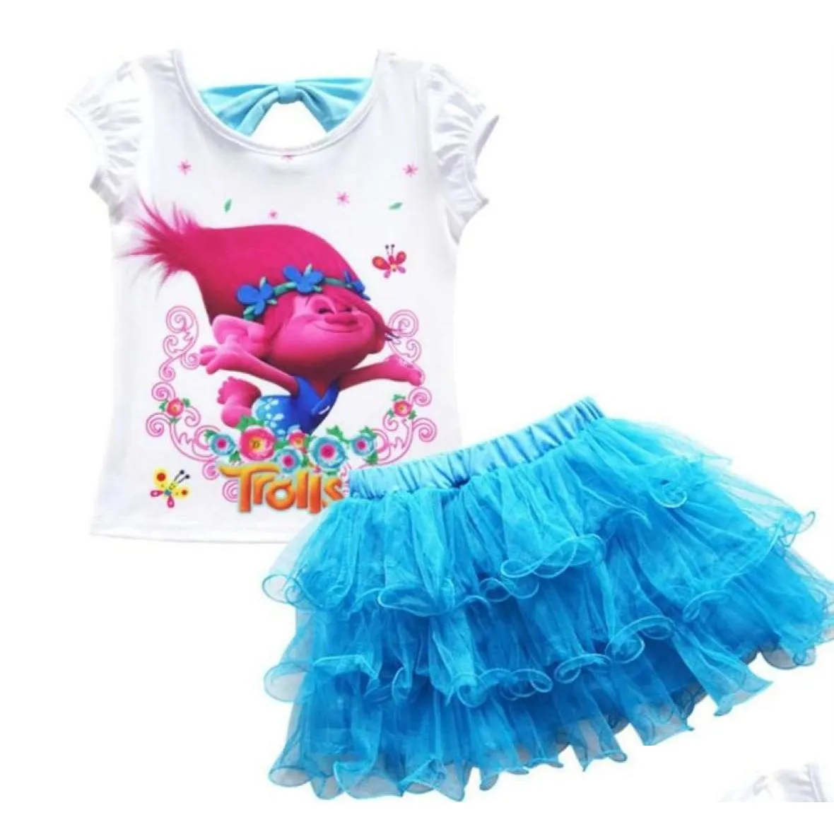 Summer Clothes Trolls Costume Kids Children Clothing Sets Tracksuits for Girls Top Tees Skirts 2 Pcs Y200325324E2974417